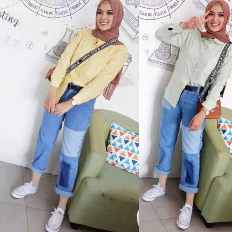  CELANA  JEANS WANITA TAMBAL BF BOYFRIEND  CUT CROP 