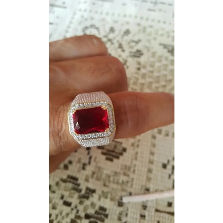 Cincin Pria Mewah Berkelas Batu Akik Red Ruby Cubic Zirconia Ring Gold Platted