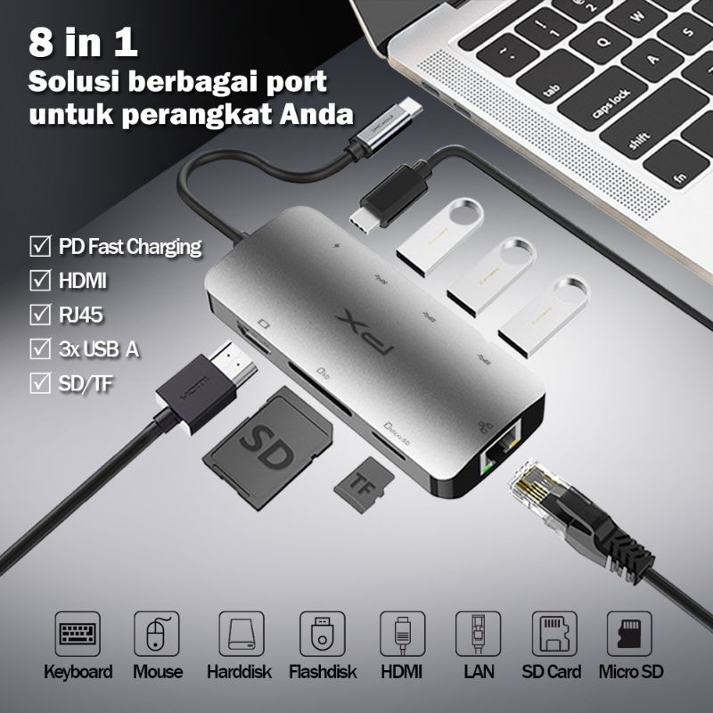 USB 3.1 Type-C 8in1 HDMI, USB 3.0, PD, Card Reader, Gigabit Lan PX UCH18