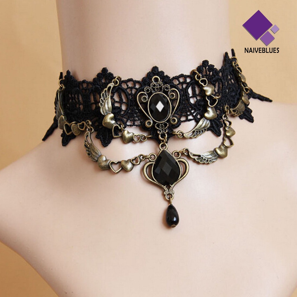 Kalung Gelang Cincin Bahan Lace Warna Hitam Gaya Gothic Punk Untuk Wanita