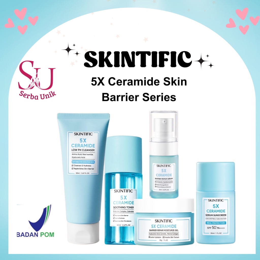 Skintific 5X Ceramide Barrier Repair Moisturize Gel / Low PH Cleanser /
Barrier Serum / Soothing Toner / Serum Sunscreen