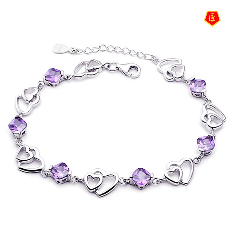 [Ready Stock]Elegant Silver Double Love Amethyst Bracelet