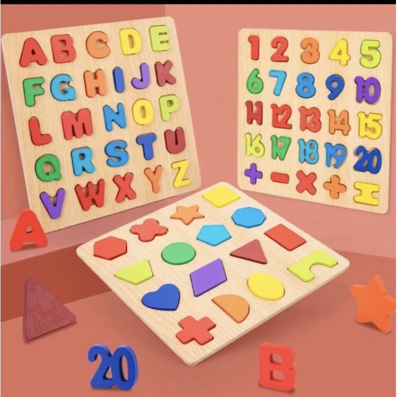 Mainan Edukasi Kayu Puzzle 3D Huruf Angka dan Bentuk Anak Belajar Mengenal Huruf Angka Aman