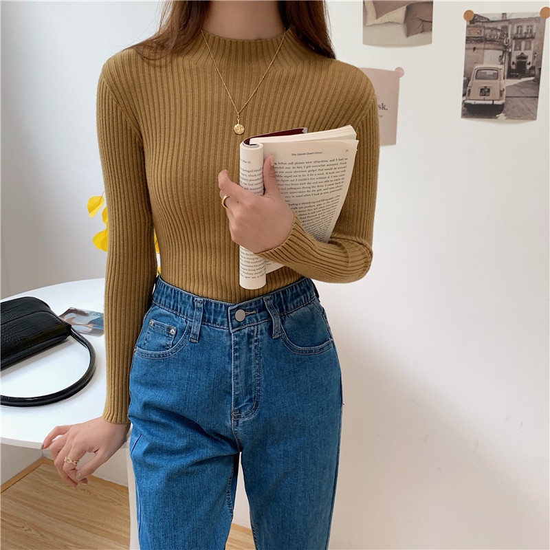 Kaos Rajut Lengan Panjang Wanita Minimalis Basic Color Knit T-shirt Korean Style Atasan