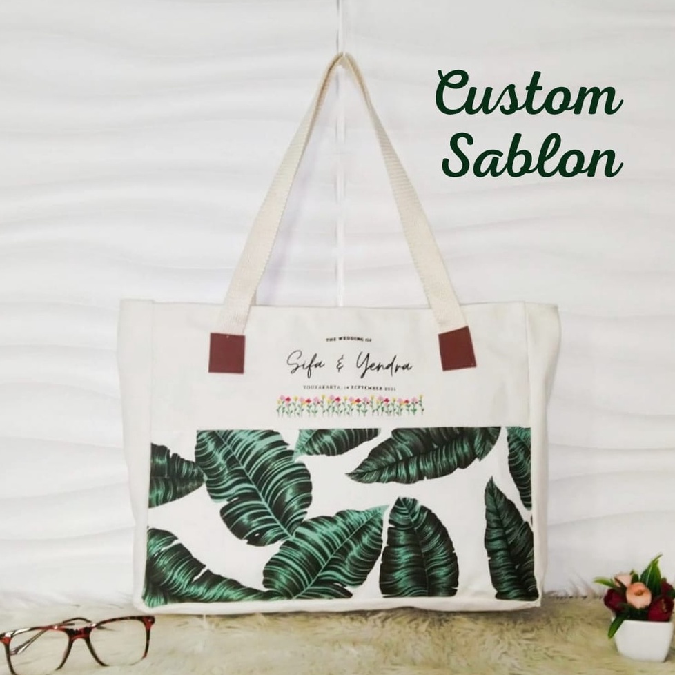 TOTEBAG WANITA RESLETING / TAS TOTE BAG KANVAS SHOPPING/KULIAH/SEMINAR LANDSCAPE BISA CUSTOM SABLON