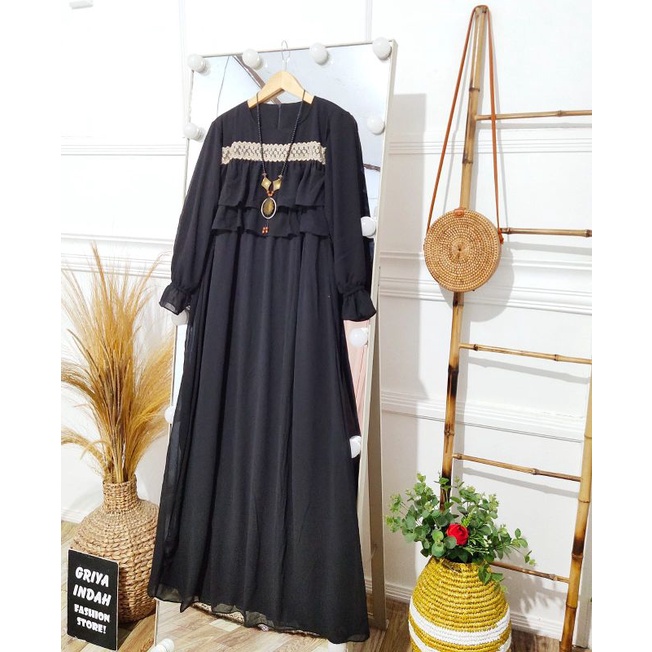 Gamis Reva Ceruty Rumbai Dada/ Dress Ceruty babydoll Ruffle dada mewah