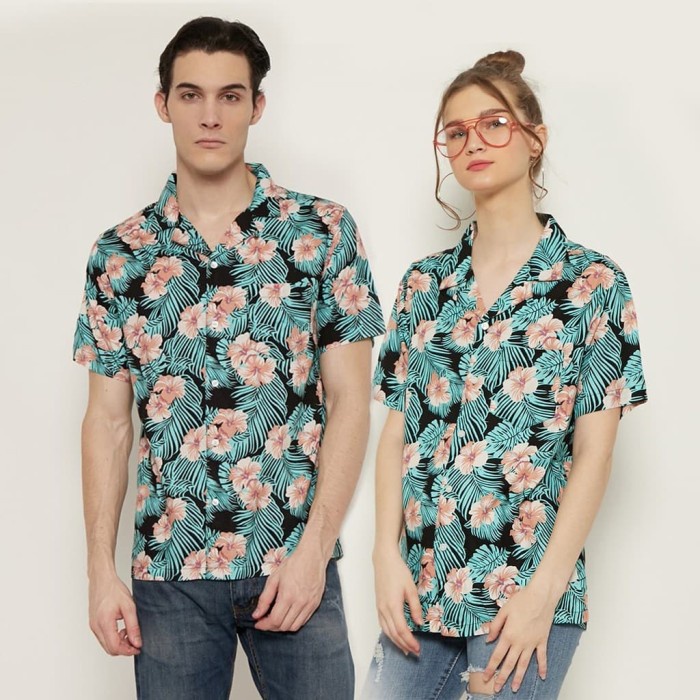 M231 Kemeja Printing Hawai Motif Daun Warna Tosca 0548B - M