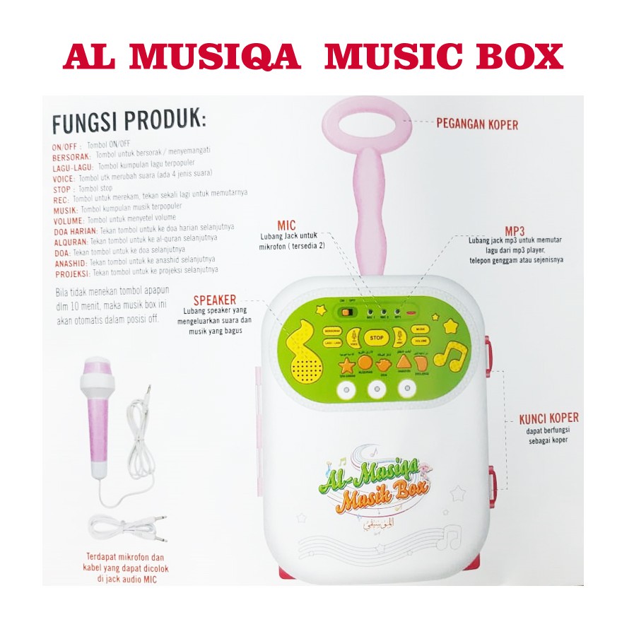 Mainan Anak Al-Musiqa Musik Box Doa Hijaiyah Koper Mic Karaoke Nyanyi Troli