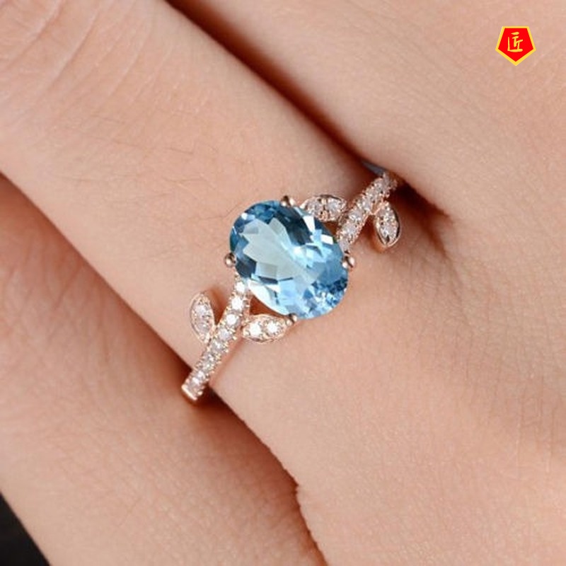 [Ready Stock]Fashion Simple Rose Gold Flower Natural Blue Topaz Ring