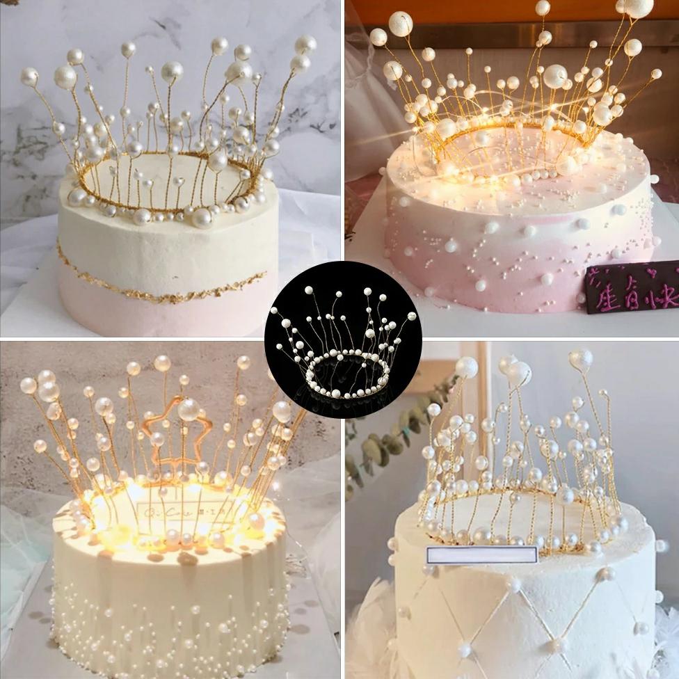 Logam Mutiara Aksesoris Imitasi Ulang Tahun Topper Pearl Romantis Handmade Mahkota Shiny Cake Dream Birthday Cake