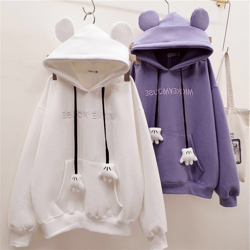 [littlecrab] Hoodie Oversize Korea Mickey Mouse Topi Telinga Tikus Lucu Unisex Lilac Korean Style