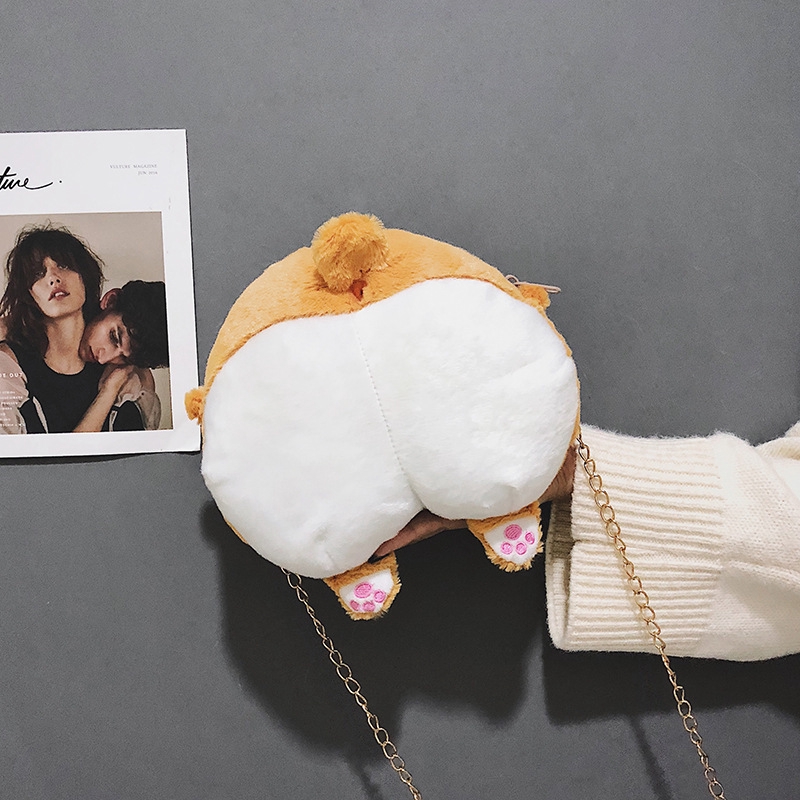 Tas Selempang Mini Bentuk Anjing Corgi Lucu Bahan Plush Dengan