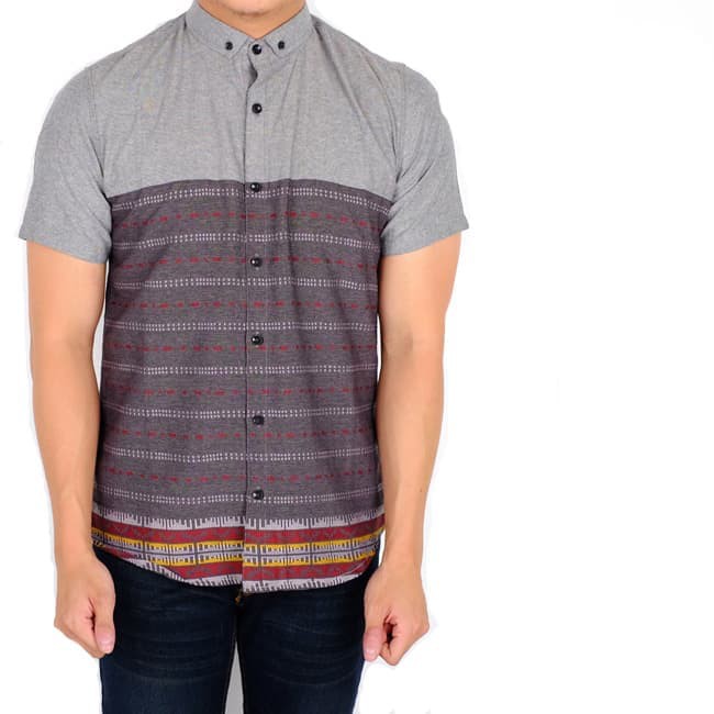 kemeja pendek pria navy polos kombinasi batik brown gold slim pendek