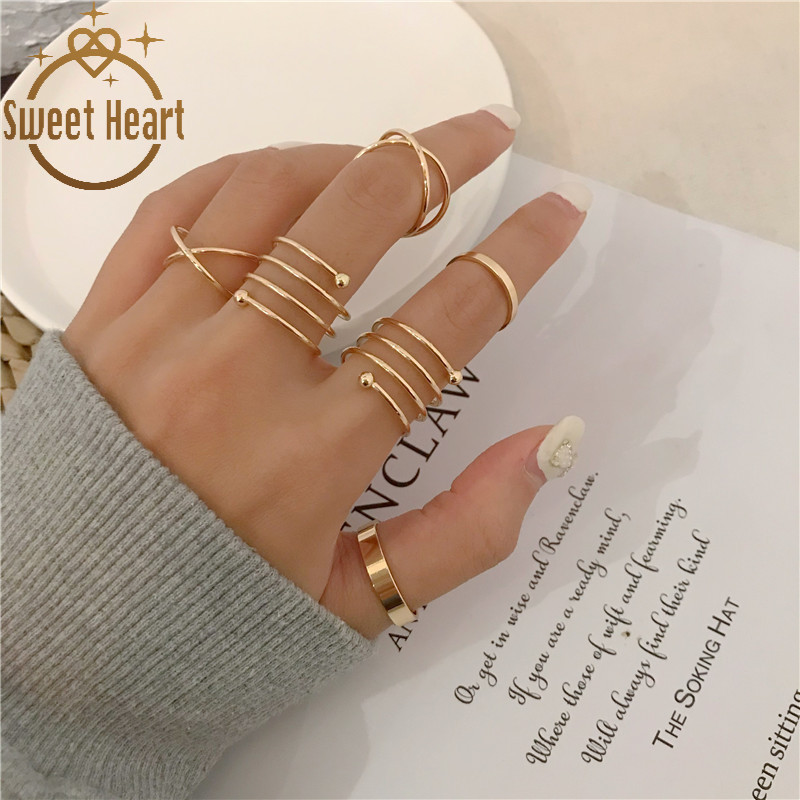 6pcs / Set Cincin Geometris Bahan Alloy Gaya Retro Hip Hop Untuk Wanita