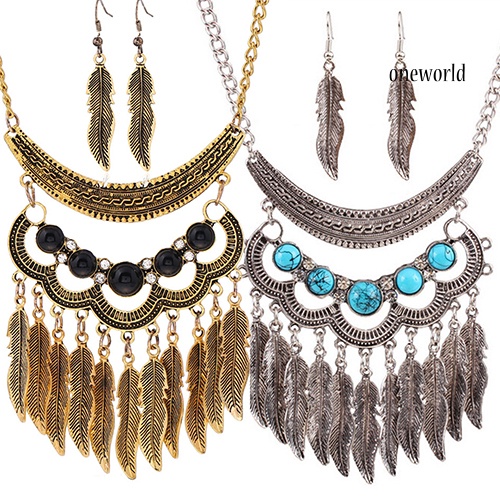 OW@ Women Vintage Leaves Tassels Pendant Choker Necklace Hook Earrings Jewelry Set