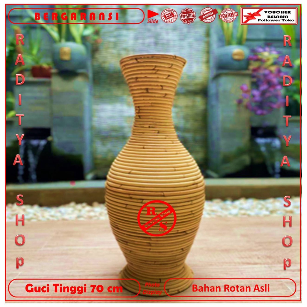 Guci Rotan Tinggi 70 cm / Vas Bunga Rotan Ukuran 70 cm / Raditya Shop / Pasu Bunga Bentuk Guci Bahan