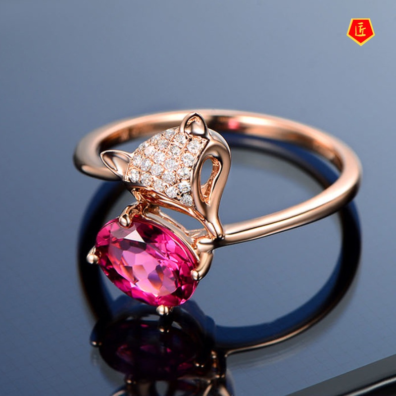 [Ready Stock]Women's Korean-Style Rose Fox Ruby Silver Ring