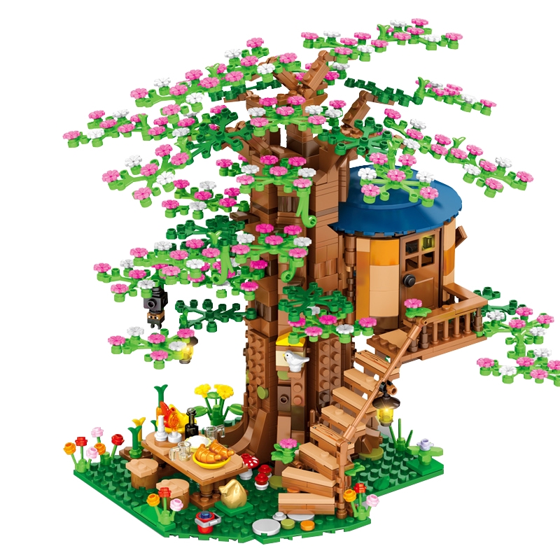 s merek four seasons jungle cherry tree house building blocks kompatibel dengan lego minecraft rakit