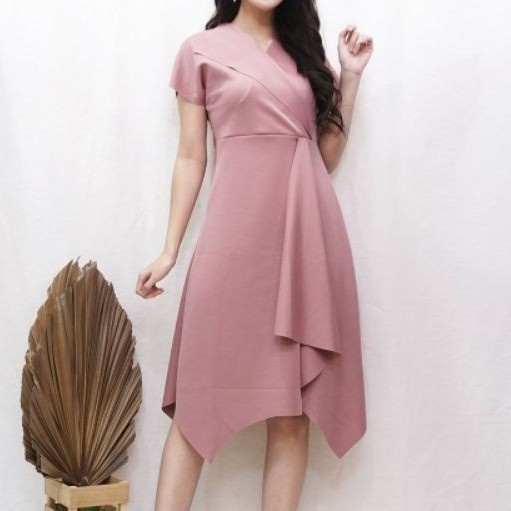 Midi Dress Wrap Dusty Pink Elegant Casual Ruffle Korean Style DN(F0E0) midi dress premium MIDI DRESS