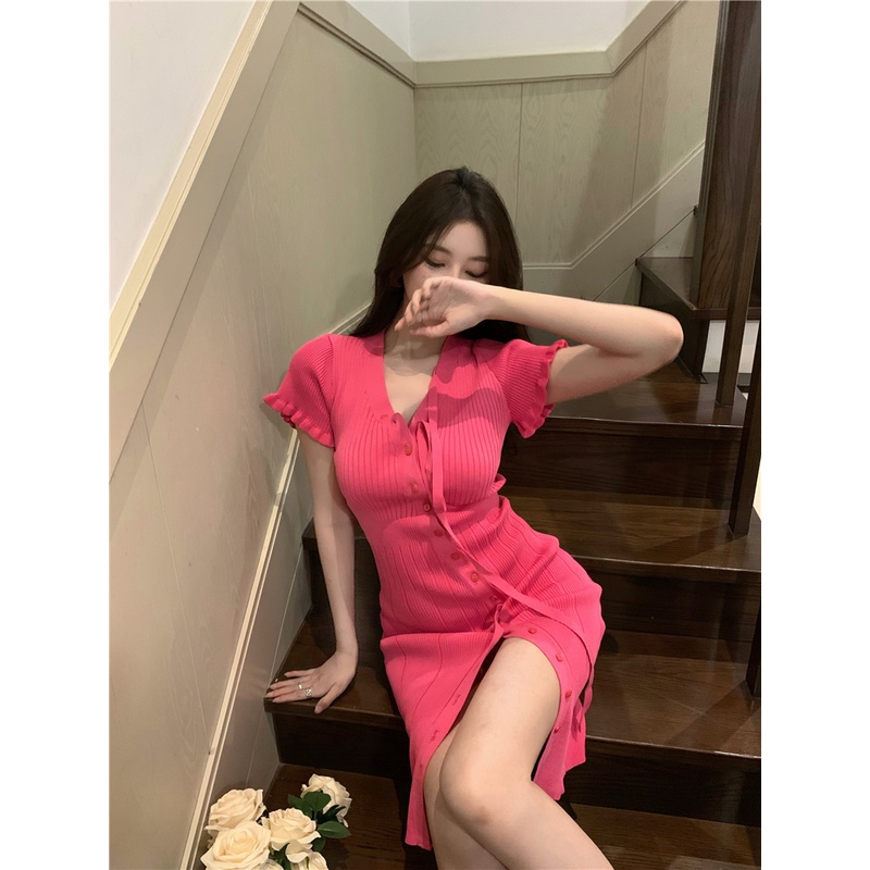 Gaun rajutan Suhao rok skinny v-neck lengan pendek merah muda dengan rok midi bawah pinggul