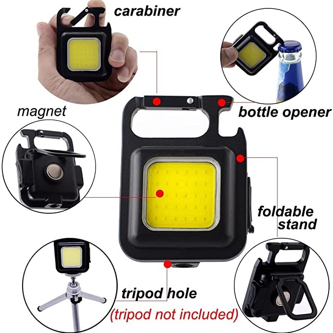 Lampu Senter Led COB Bulat USB Rechargeable Super Terang Portable Multifungsi Dengan Gantungan Kunci