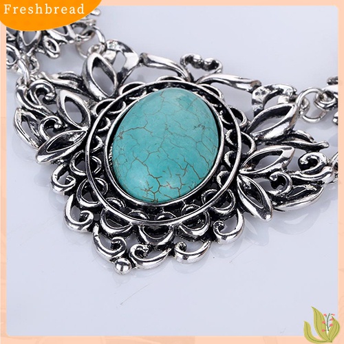 Terlaris Women's Hollow Tibetan Oval Turquoise Bib Collar Necklace Earrings Jewelry Set