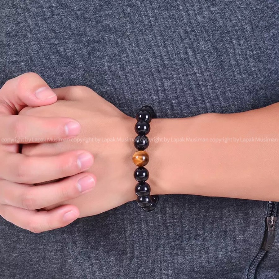 [Bayar di Tempat] Gelang Pria Batu Giok Hitam Tiger Eye Super Keren