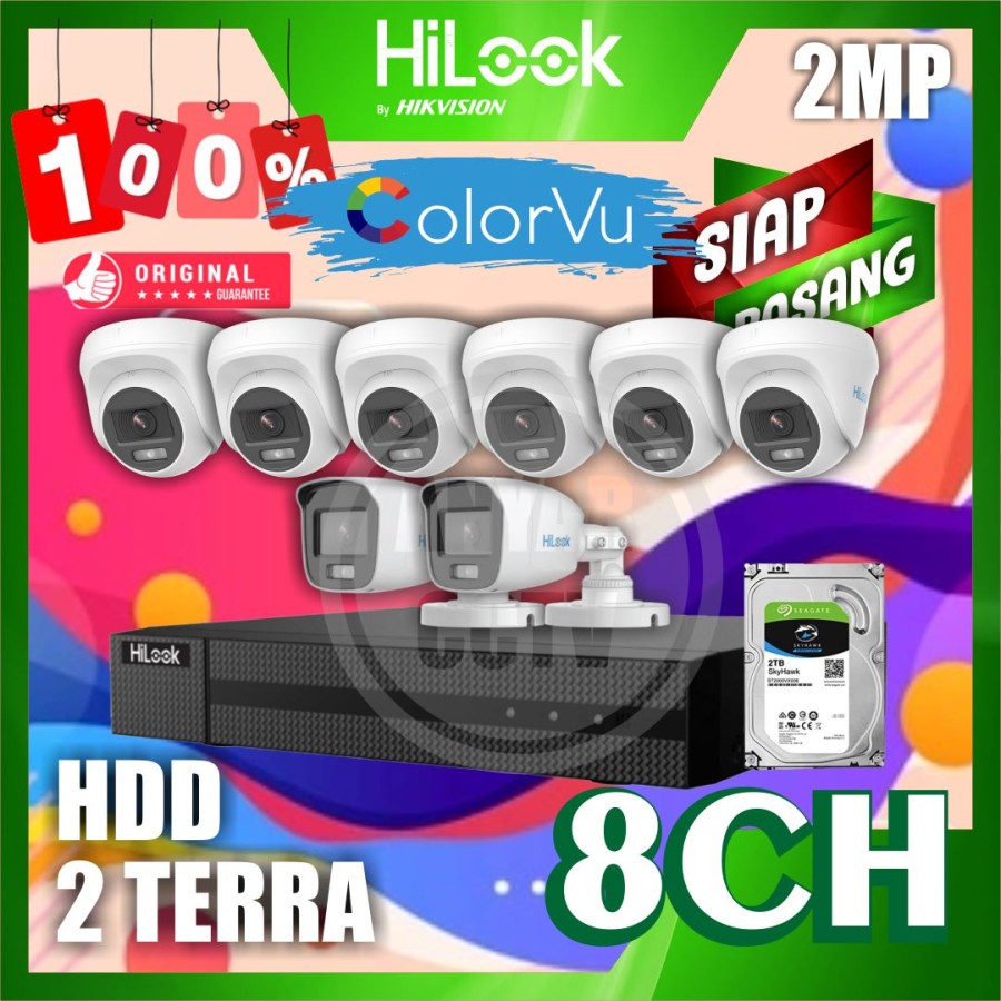 Paket CCTV HiLook 2MP COLORVU 8 KAMERA HDD 2TB SIAP PASANG