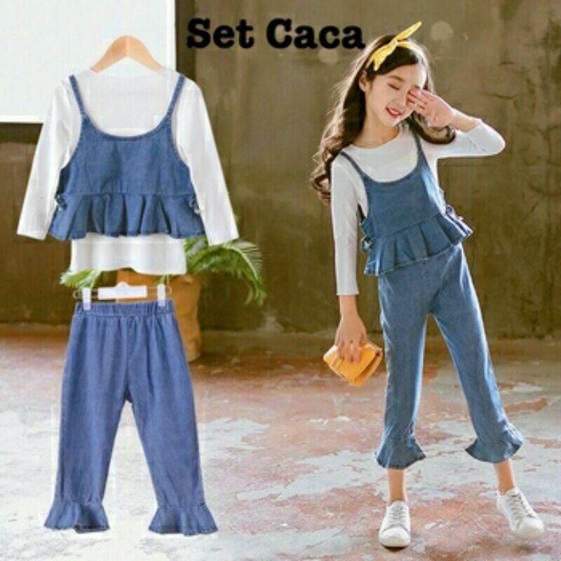 ST Set Stelan Anak Atasan Celana Chambray Caca 3in1 Kid Kids