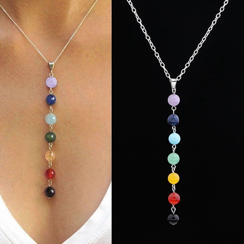 7 Chakra Reiki Beads Healing Gemstone Pendant Women's Necklace Yoga Balance Necklace Lapis Lazuli/Turquoise/Amethyst/Emerald (Size: 18, Color: Multicolor)
