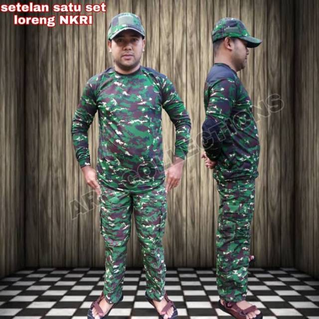 Setelan satu set celana kaos topi bdu loreng NKRI/setelan army pdl tactical outdoor