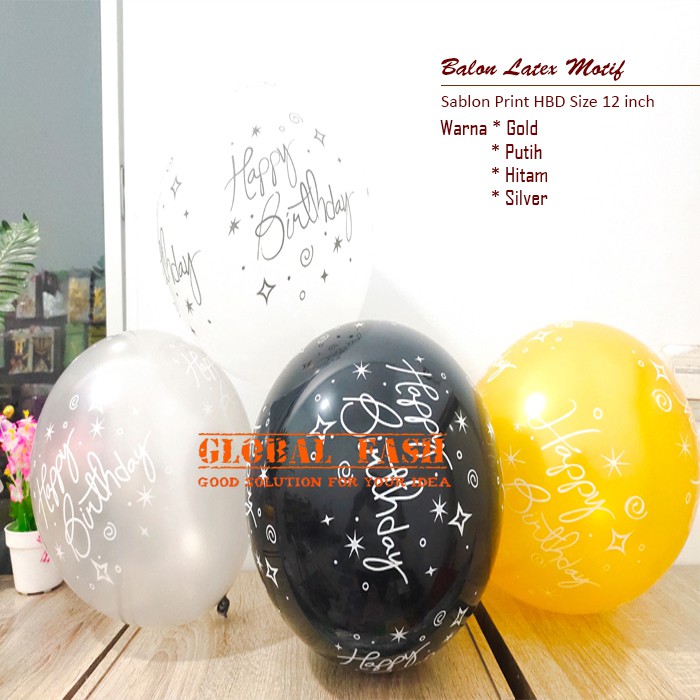 Balon motif happy birthday / Balon latex hbd / balon latex hitam putih gold silver