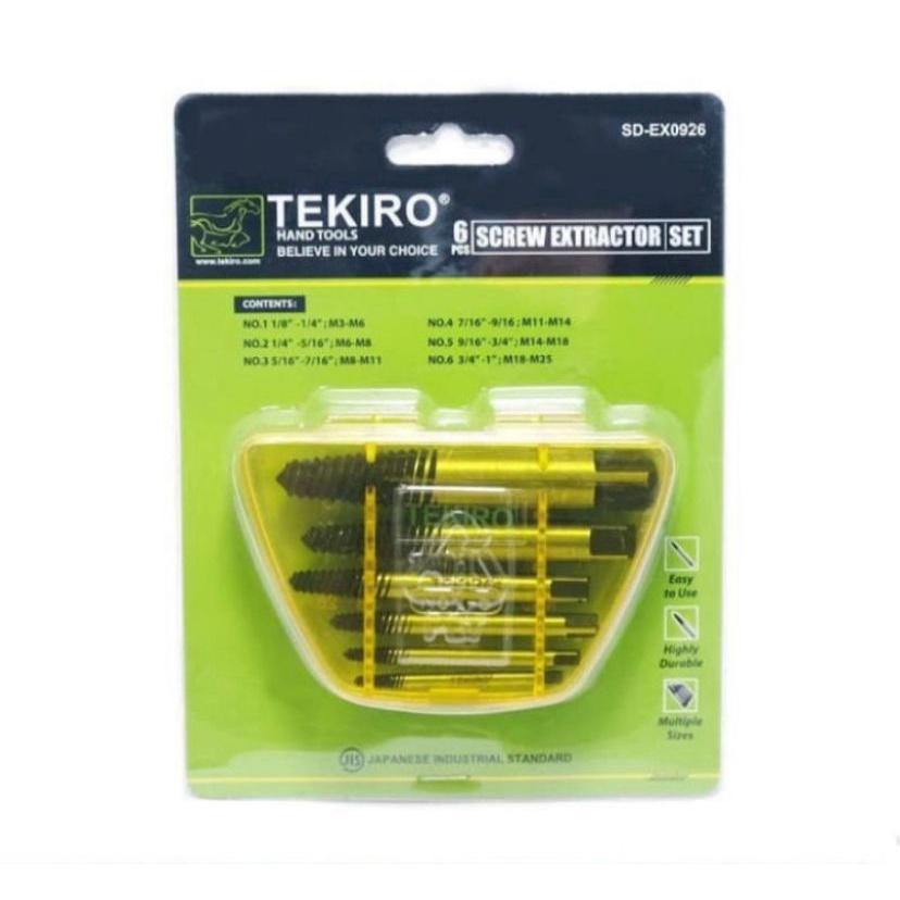 TAP BALIK TEKIRO 6 Pcs ukuran M3 sampai M25 - Pembuka Skrup Rusak Manual - Pembuka Baut Rusak Patah - Screw Remover - Screw Extractor Set TEKIRO SD-EX0926