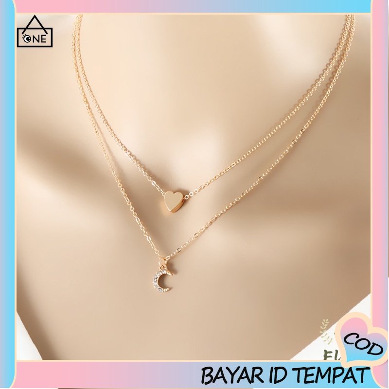 COD❤Kalung Rantai Multilayer Dengan Liontin Hati Dan Bulan Untuk Wanita A one