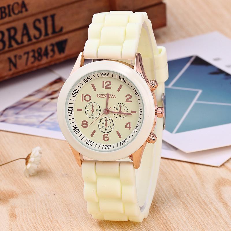 ✅COD [BBS] GENEVA Jam Tangan Wanita / Pria Analog Fashion Casual Women Wrist Quartz Watch rubber-Cream