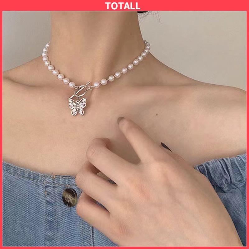 COD Fashion Mutiara Manik-manik Kalung Elegan Kupu-kupu Liontin Klavikula Kalung Aksesoris Wanita-Totall