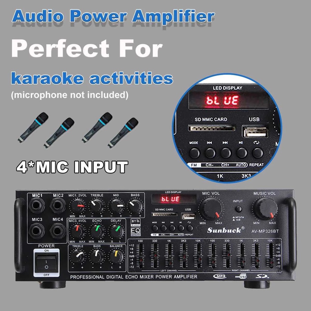 (COD/Bayar Di Tempat) Sunbuck Amplifier Audio Ampli Karaoke Equalizer Bluetooth Stereo Treble Bass Booster 2000 Watt