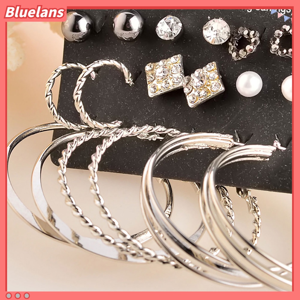 Bluelans 9 Pairs Earring Rhinestone Inlaid Jewelry Gift Alloy Stud Hoop Earrings Set
