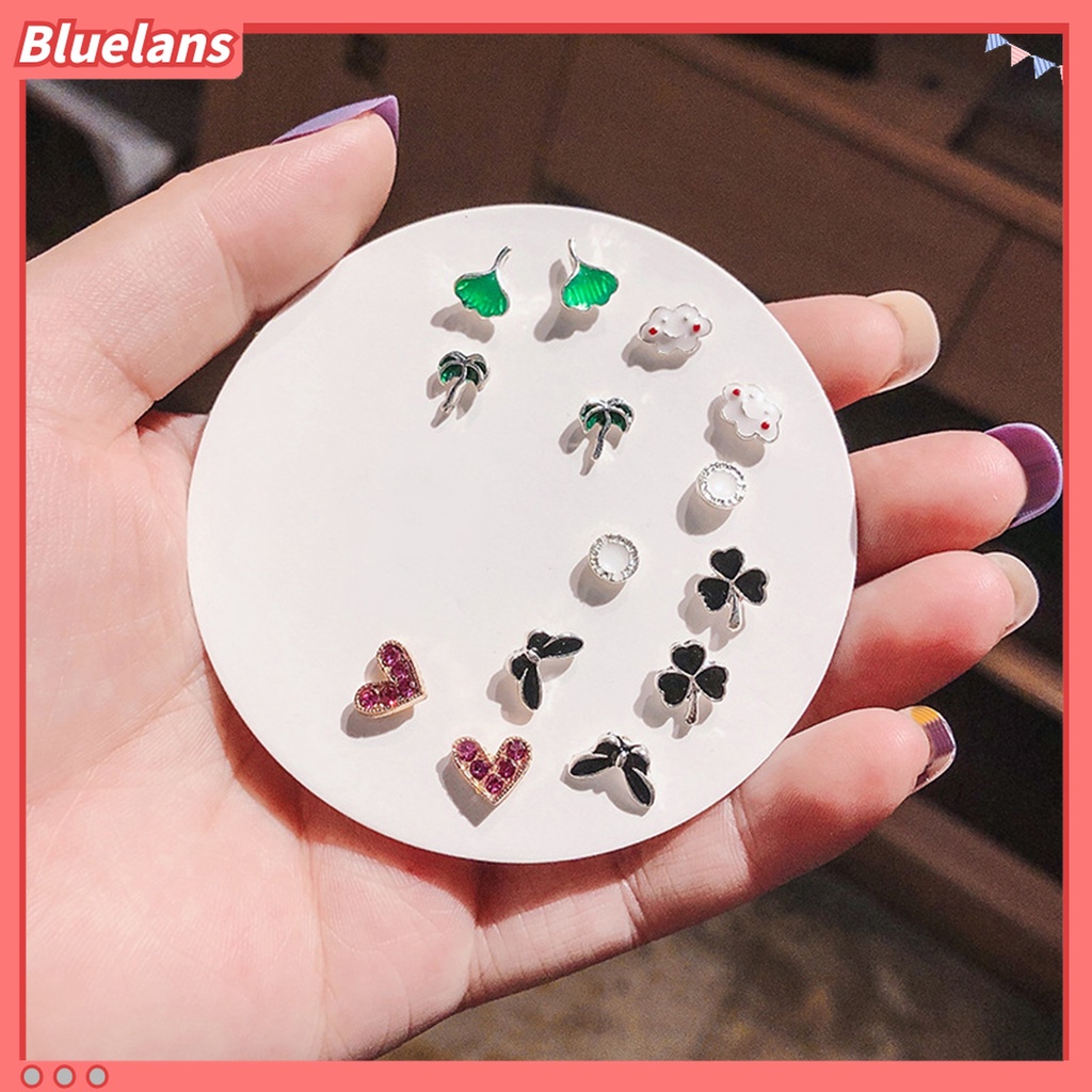6 / 7 Pasang Anting Stud Bentuk Hati Aksen Mutiara Berlian Imitasi Untuk Wanita