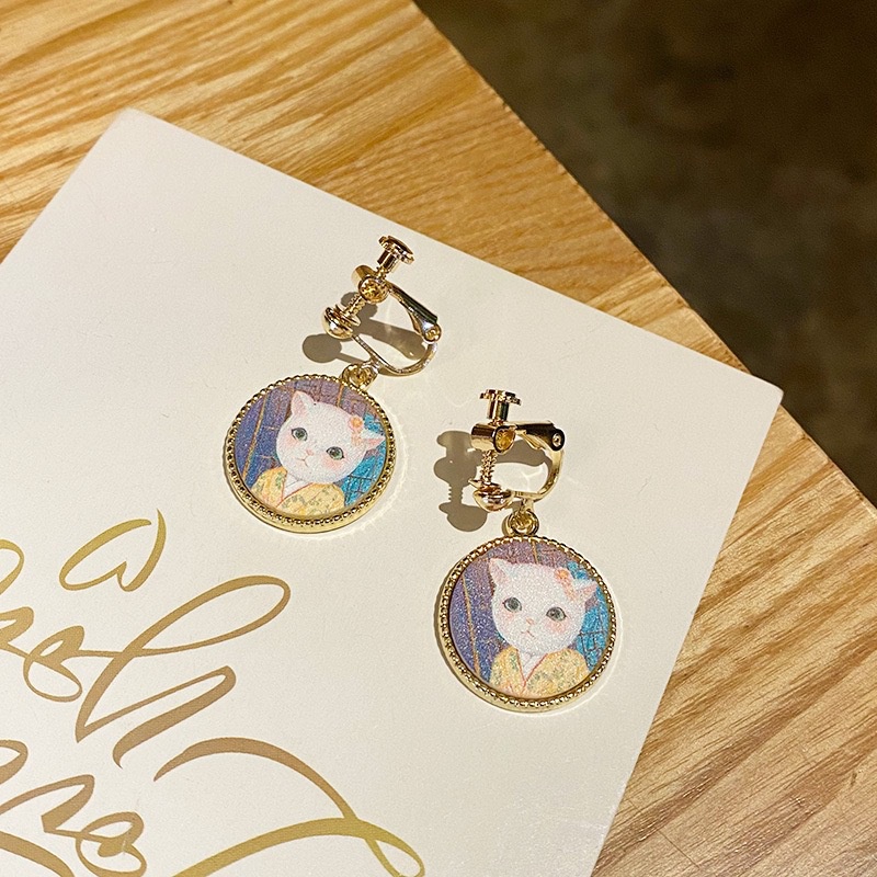 Jepang dan Korea gaya lukisan minyak Kitty retro gadis lucu elegan manis anting-anting tidak menusuk