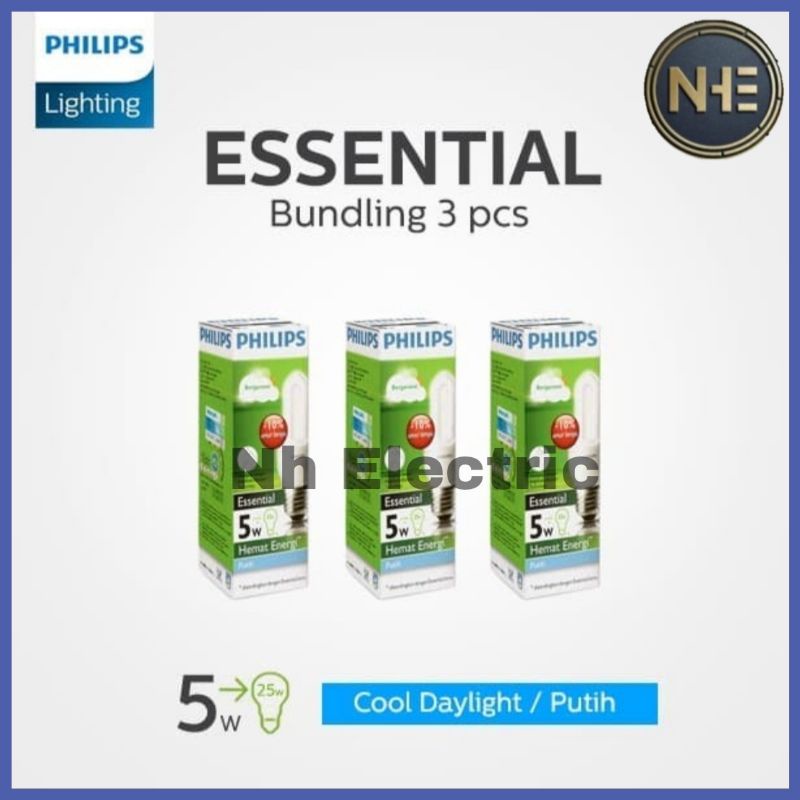 Lampu Philips Essential 5W Watt Putih CDL E27 - Esst 5 Watt Philips White 220V SNI Bundling 3 Pcs