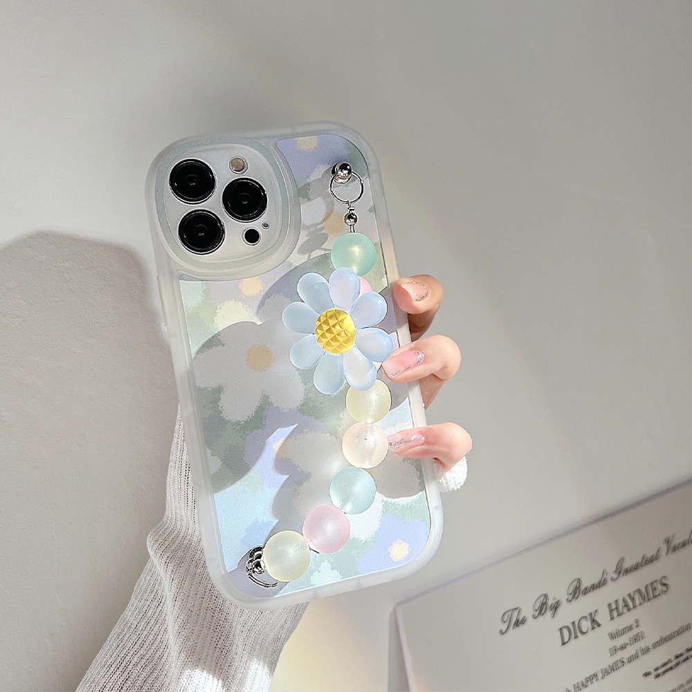 Soft Case Desain Bunga Daisy 3D Dengan Rantai Manik-Manik Anti Hilang Untuk Iphone 7 8 PLUS X XR XS 11 12 13 14 MINI PRO MAX SE