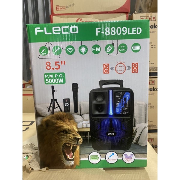 PAKET SPEAKER FLECO TERBARU F8809led FREE MIC WIRELESS + stand + remote control mantap