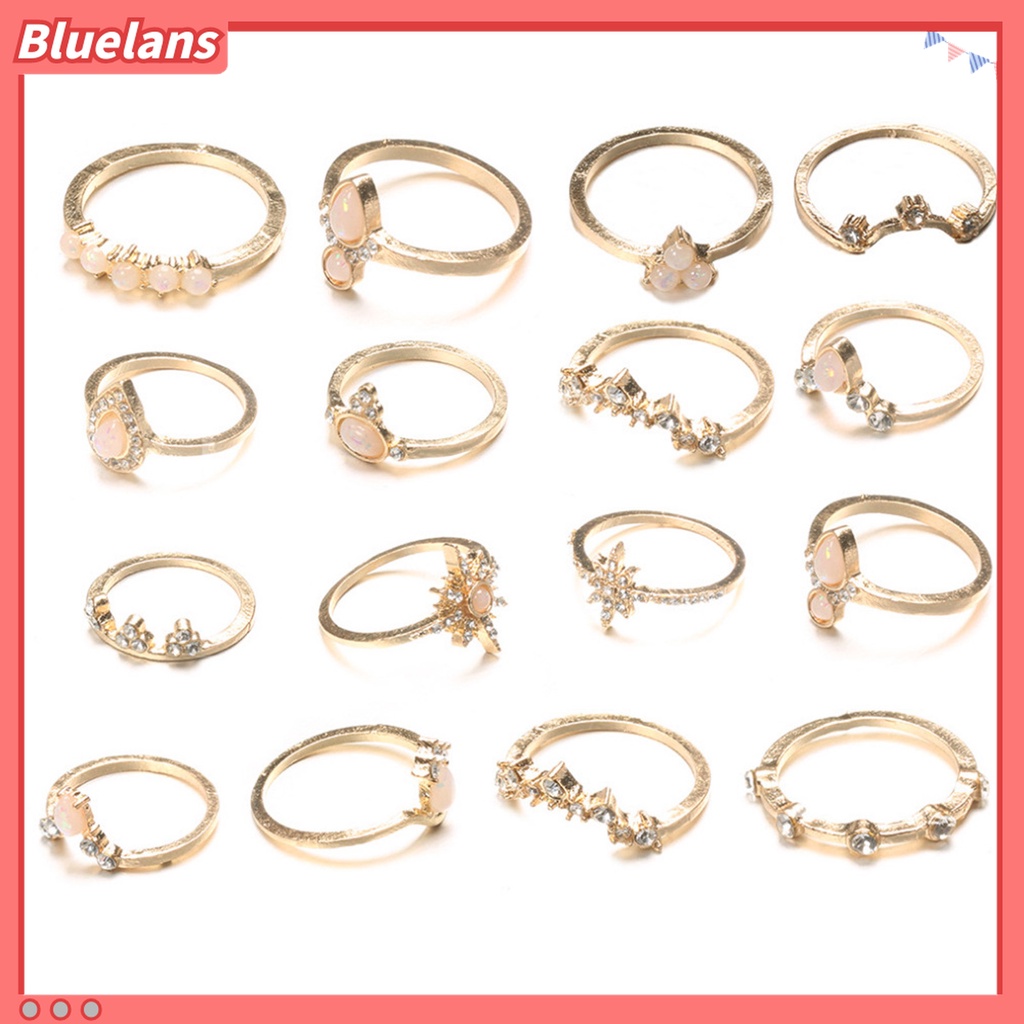 16pcs / Set Cincin Knuckle Bentuk Mahkota Aksen Berlian Imitasi Bahan Alloy Gaya Bohemia Stackable