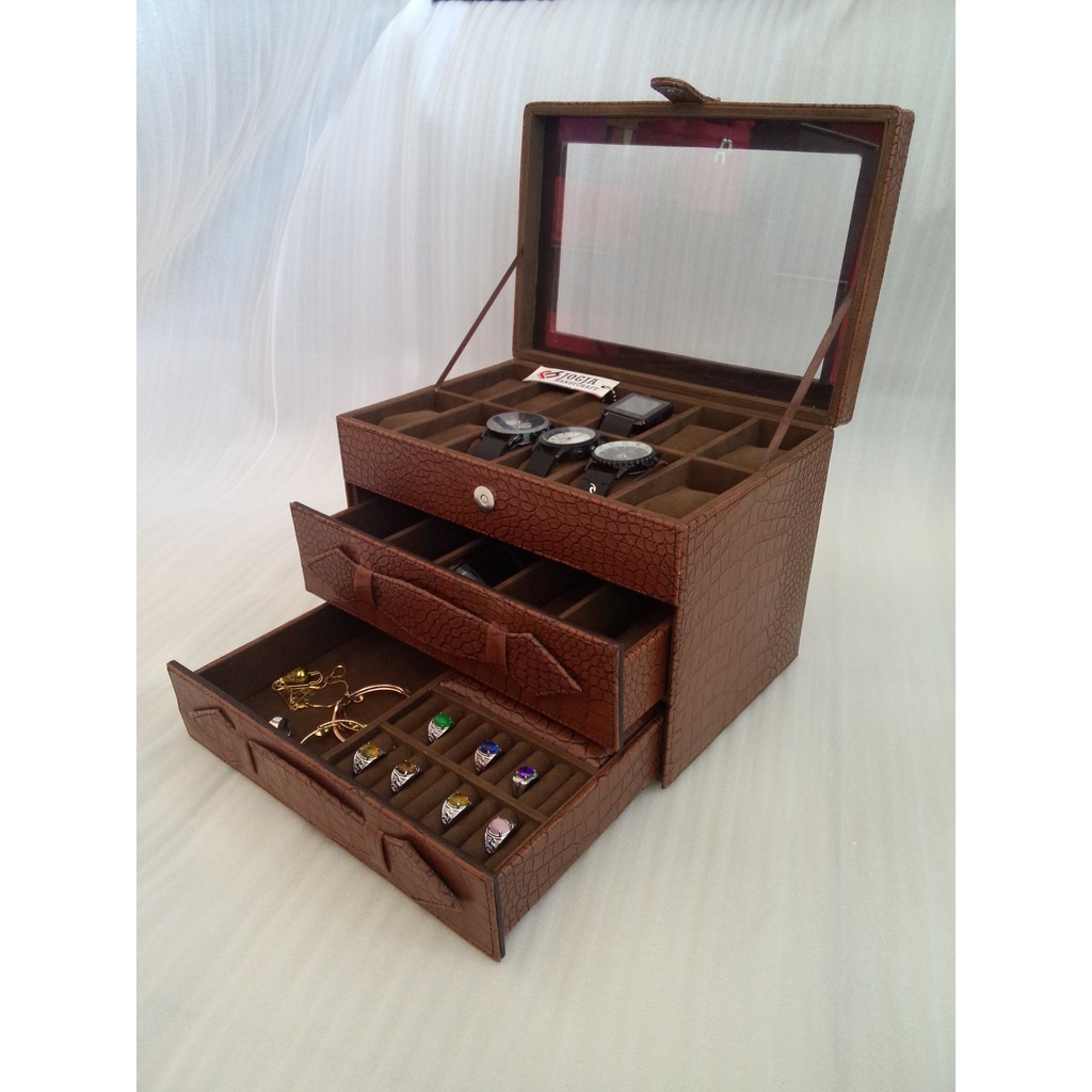 KOTAK JAM TANGAN ISI 12 MIX KACAMATA DAN PERHIASAN AKSESORIS / 3IN1 WATCH BOX ORGANIZER