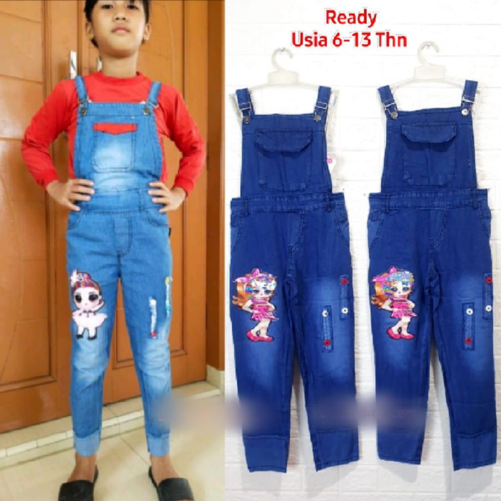 Celana Overall Jeans LED Panjang Anak Usia 5-13 Thn / Celana Kodok Jeans Anak Premium