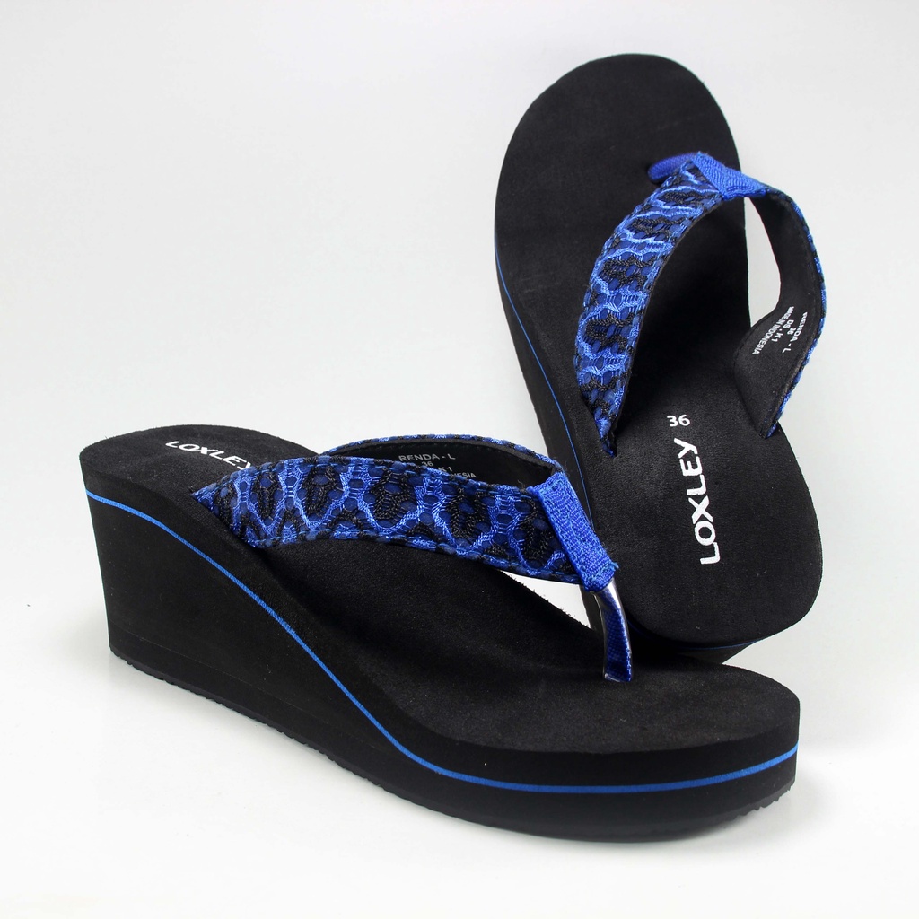 Sandal Wedges Wanita Loxley renda hitam - biru tua