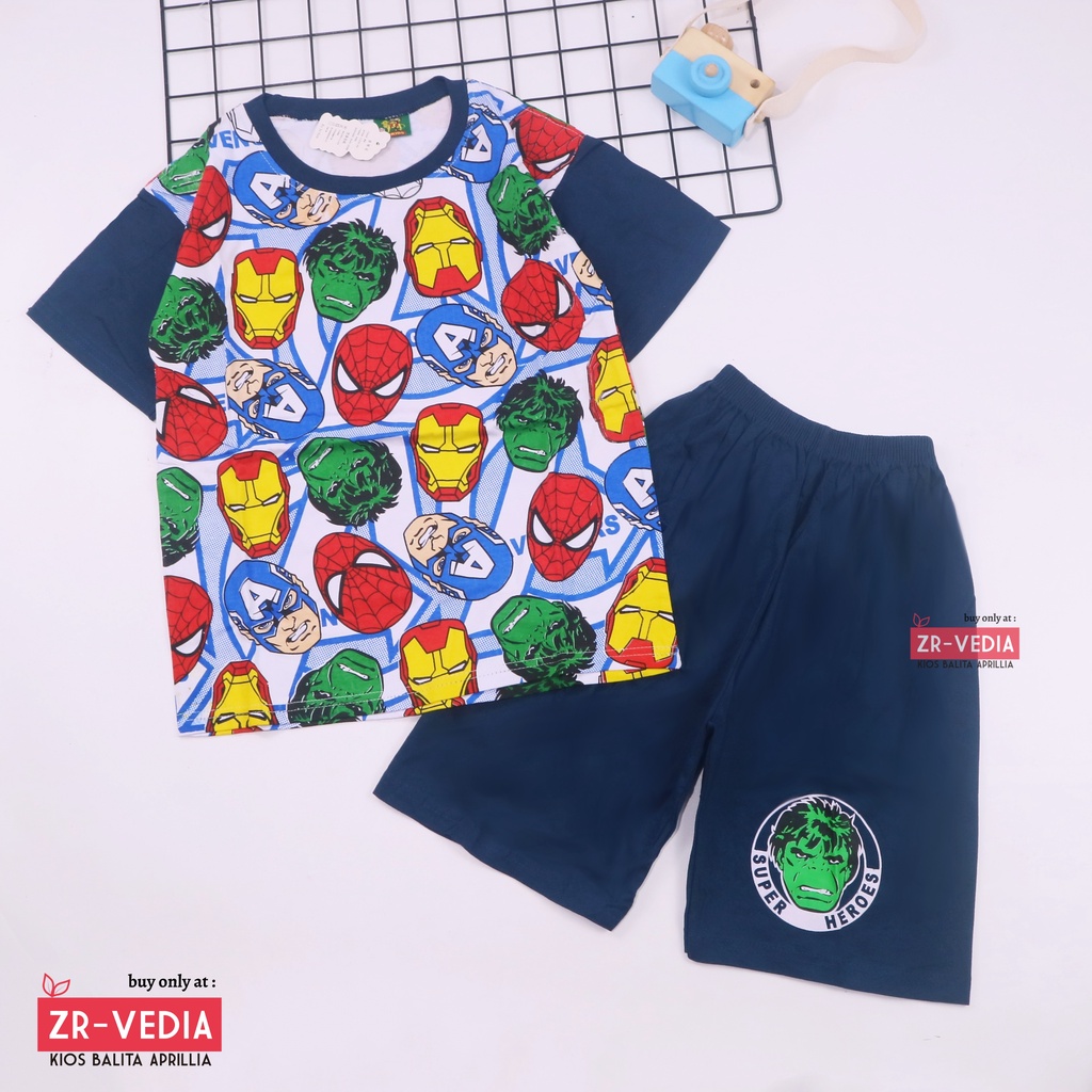 Setelan Pendek SuperHero Uk 9-10 Tahun / Kaos Anak Laki Celana Pendek Cowok Karakter Baju Murah