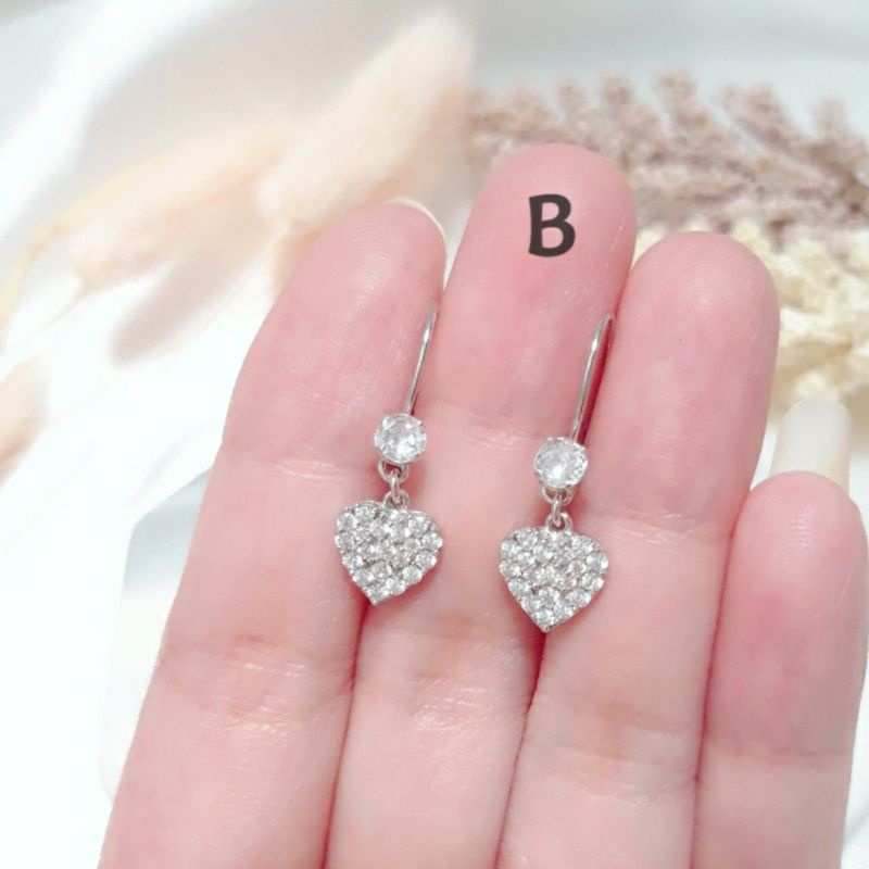 Anting kait gantung love mata  perak asli 925 lapis mas putih/anting anti karat/anting wanita/anting
