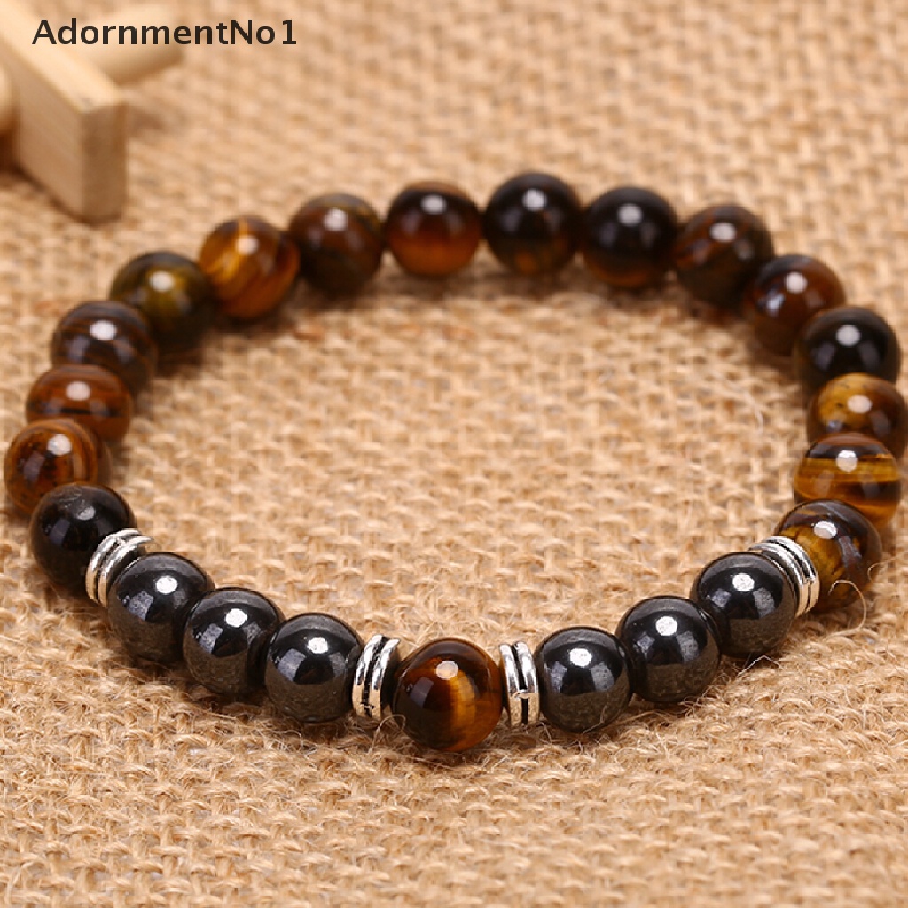 (AdornmentNo1) Gelang Manik Batu Hematite Tiger Eye Alami Elastis Untuk Pria